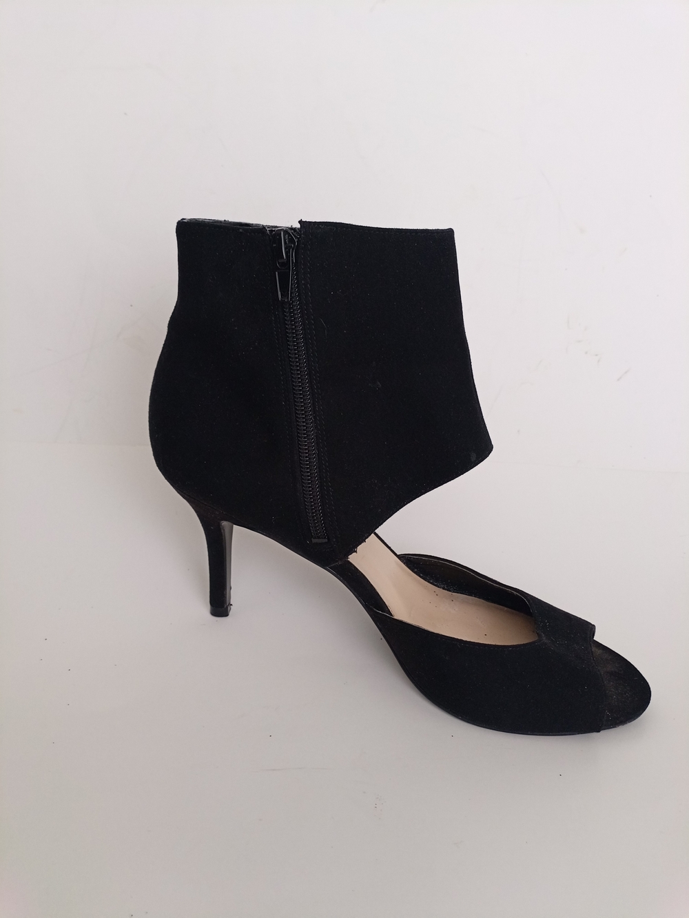 Nine West Black Suede Open-Toe Ankle-Cuff Heels Bow Detail Side Zip Size 9M